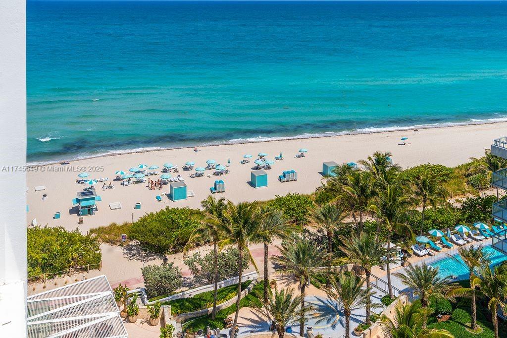 An elevated view shows a sandy beach with umbrellas and palm trees by the ocean — 6801 Collins Ave # 1206, Miami Beach FL 33141, MIAMI BEACH, FL