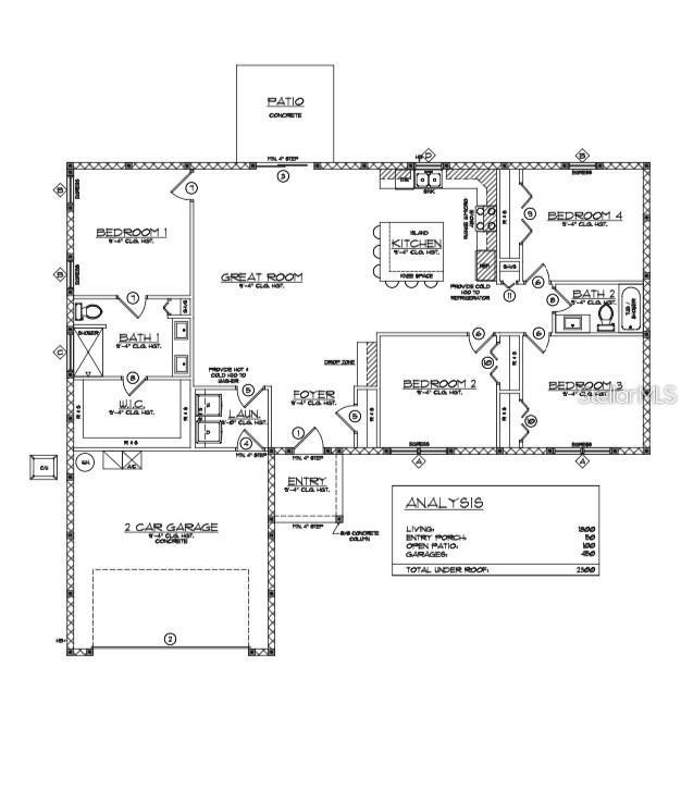 This floor plan shows a four-bedroom, two-bathroom house with a great room and two-car garage — 13311 MIDWAY AVENUE, ASTATULA, FL