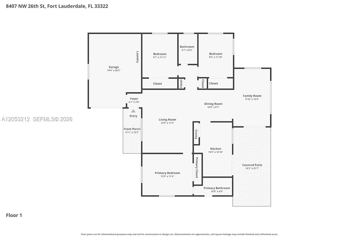 This is a floor plan for a single-story house with a garage and covered patio — SUNRISE, FL