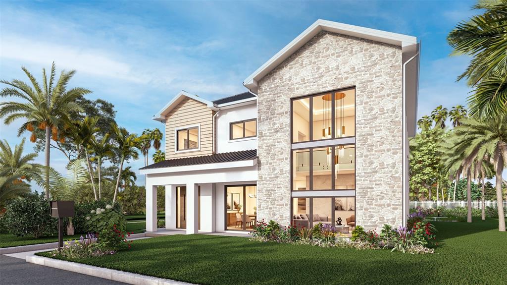 This architectural rendering shows a two-story house with stone siding and large floor-to-ceiling windows — 2082 DATURA STREET, SARASOTA, FL