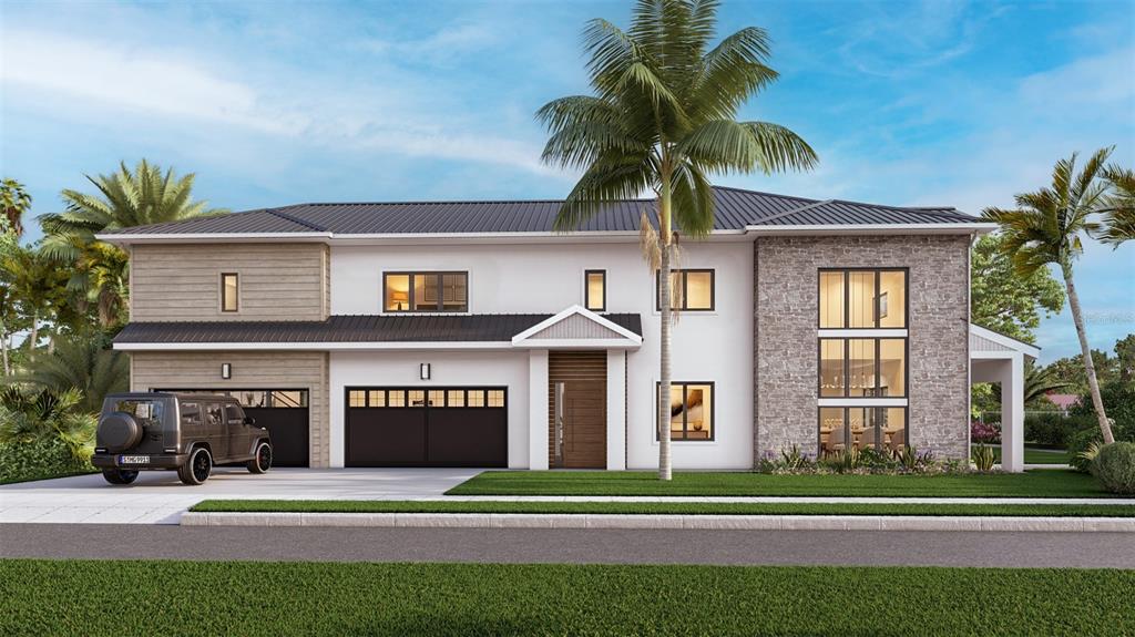 A digital rendering of a two-story modern home with a stone facade and palm trees — 2082 DATURA STREET, SARASOTA, FL