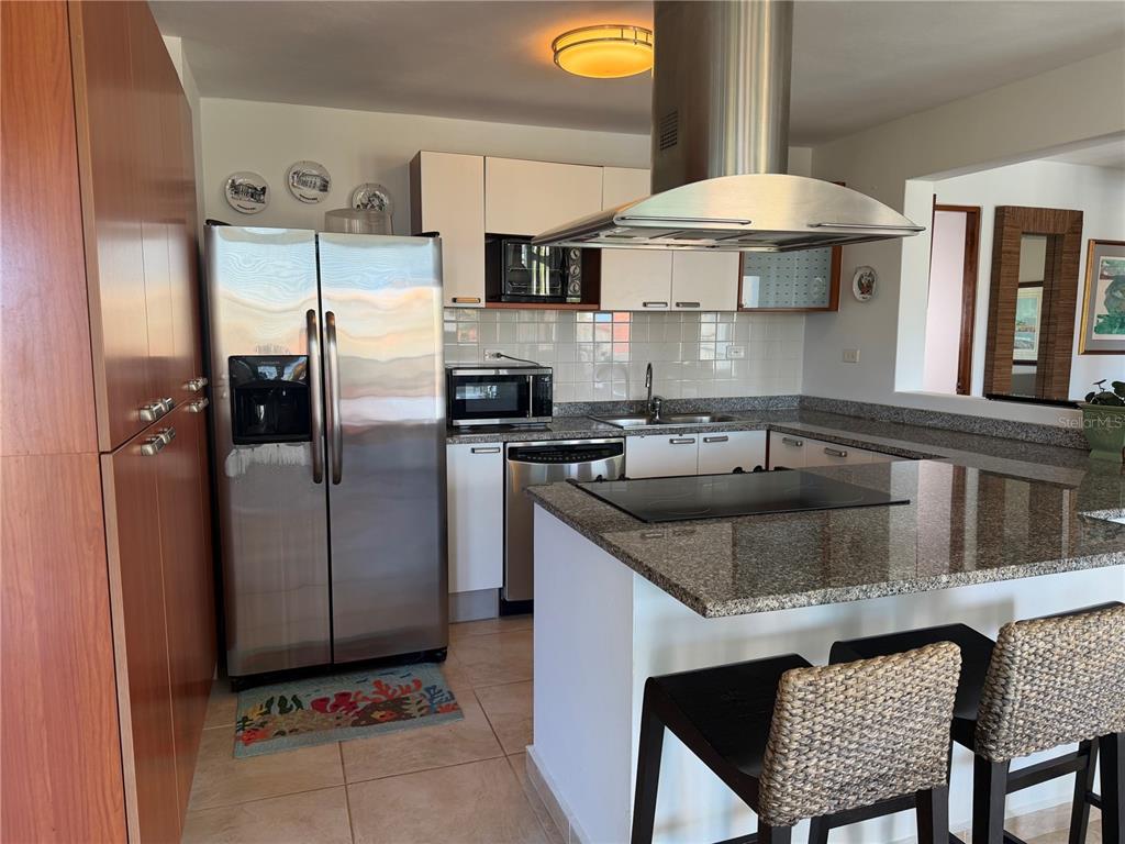 A kitchen features stainless steel appliances, granite countertops, white cabinetry, and a breakfast bar — Apt B-205 COND. HARBOUR POINTS, HUMACAO, PR