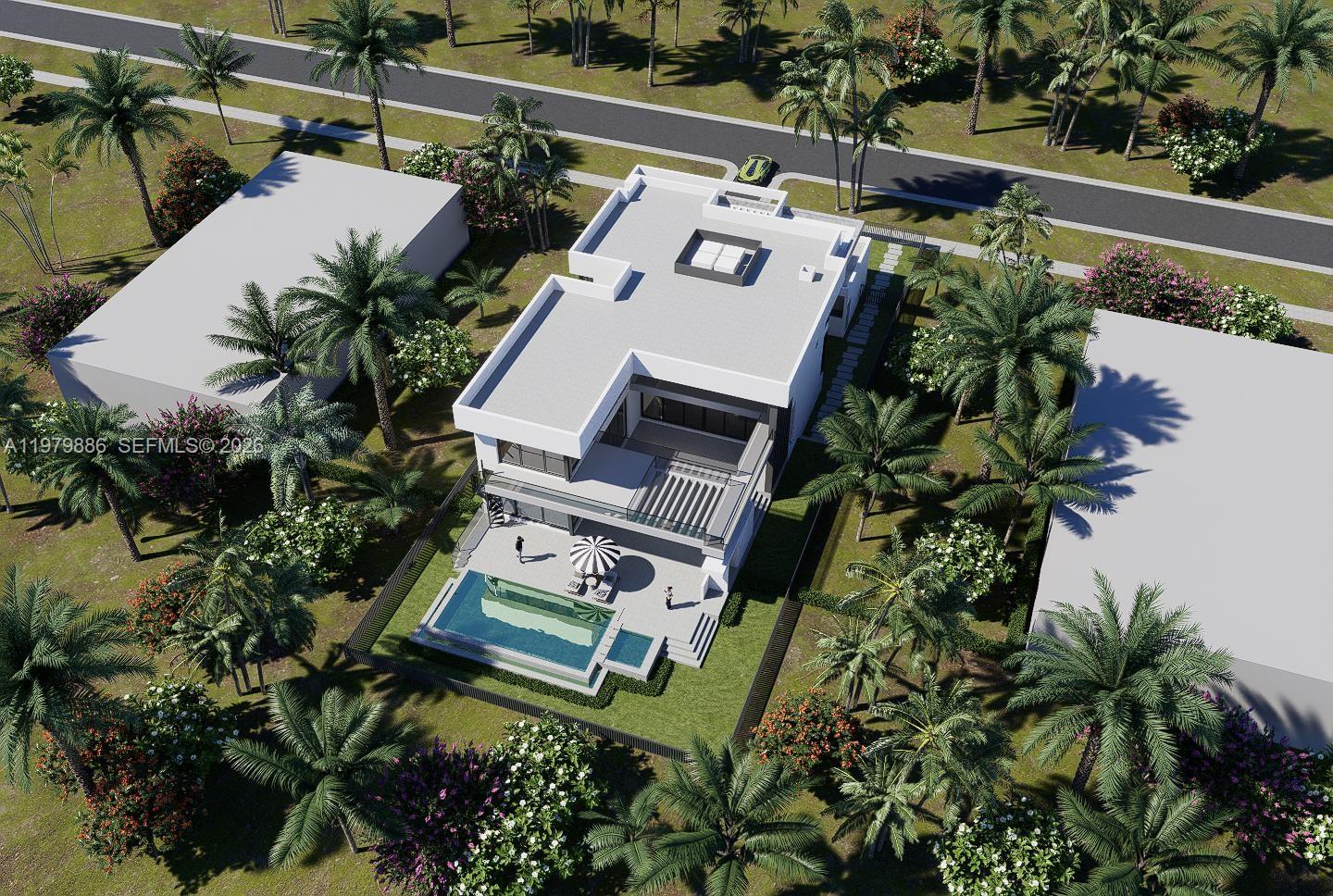 This is a 3D architectural rendering of a modern two-story house with a backyard pool — 2094 Prairie Ave, Miami Beach FL 33139, MIAMI BEACH, FL