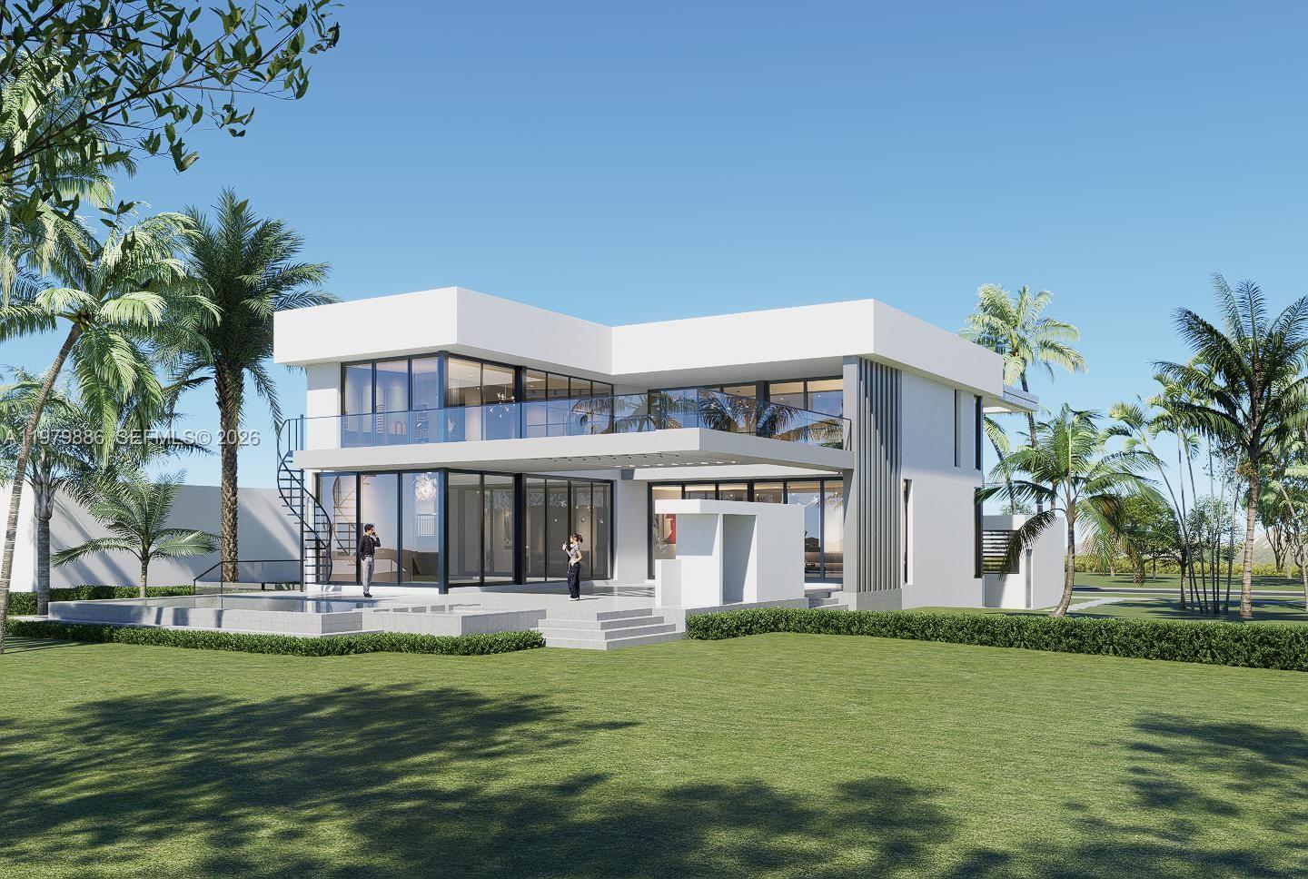 A digital rendering of a modern two-story house with a pool and large glass windows — 2094 Prairie Ave, Miami Beach FL 33139, MIAMI BEACH, FL