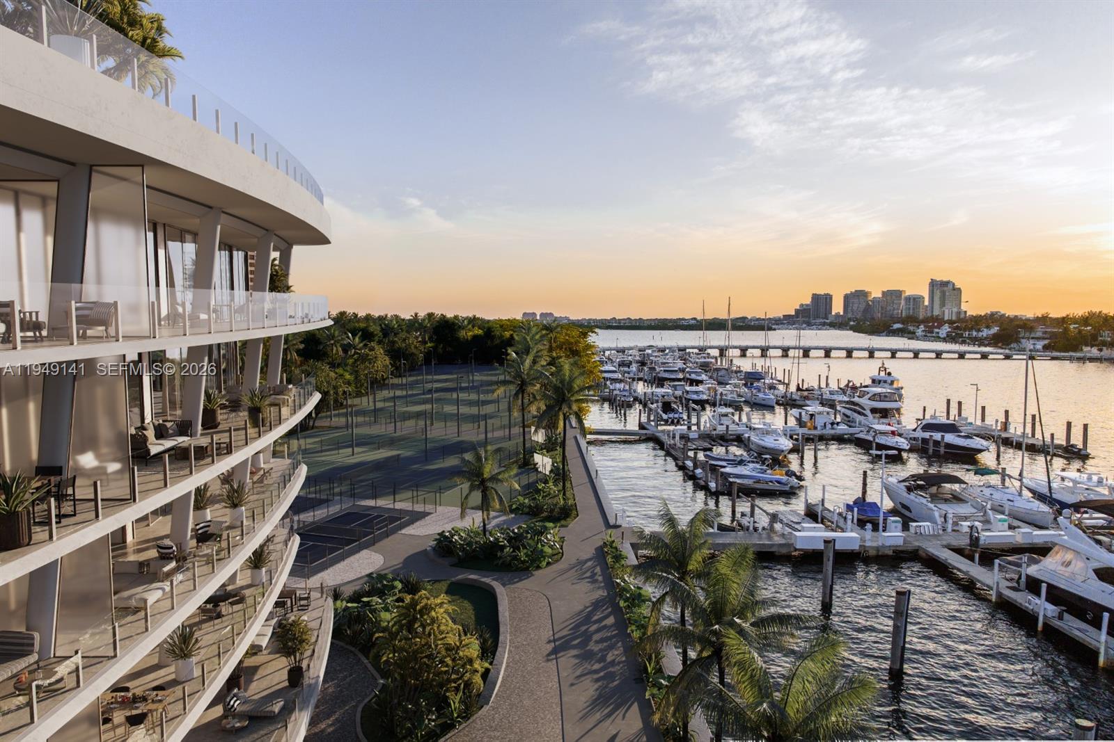 This architectural rendering shows a modern multi-story building overlooking a marina and tennis courts — 5 Grove Isle Dr. # S503, Miami FL 33133, MIAMI, FL
