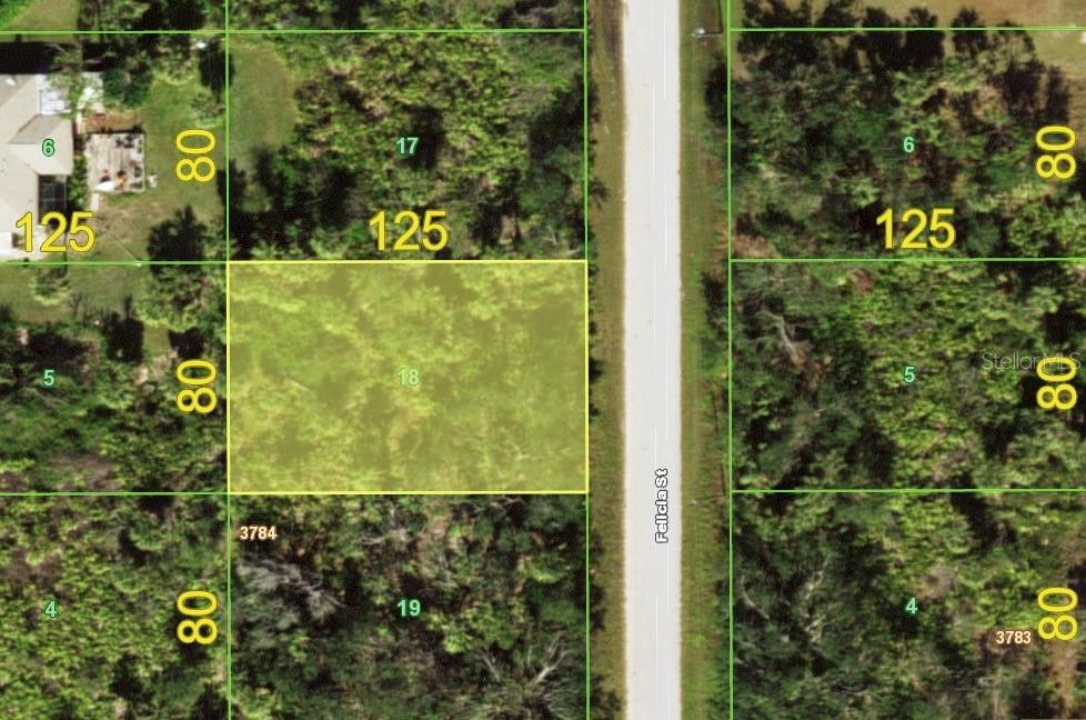 This is a map showing a highlighted rectangular land parcel labeled 18 — 7145 FELICIA STREET, PORT CHARLOTTE, FL
