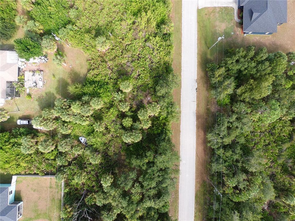 An aerial view shows a paved road separating two wooded lots with scattered palm trees — 7145 FELICIA STREET, PORT CHARLOTTE, FL