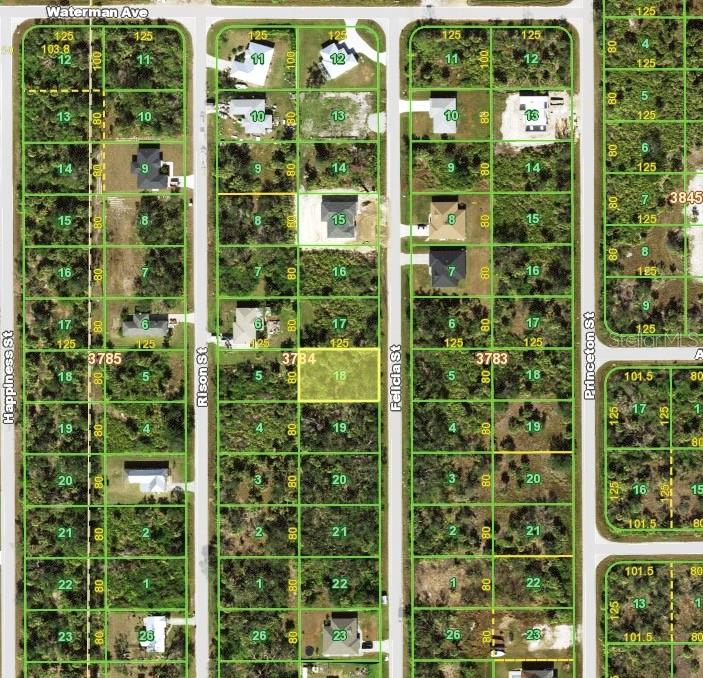 This is a satellite map showing residential lots and streets in a neighborhood — 7145 FELICIA STREET, PORT CHARLOTTE, FL