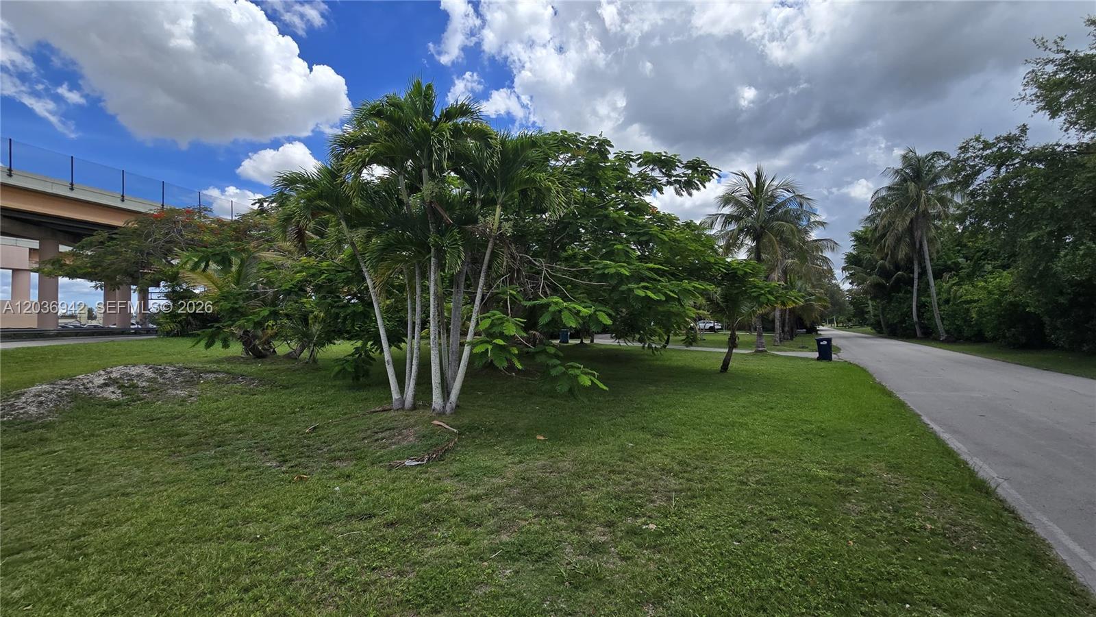 A grassy lot features palm trees and a road next to an elevated highway overpass — 8603 SW 68th St Rd, Miami FL 33143, MIAMI, FL