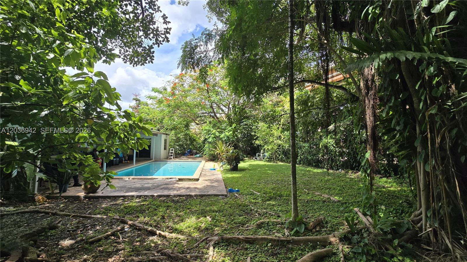 A rectangular swimming pool sits in a grassy backyard surrounded by mature trees and foliage — 8603 SW 68th St Rd, Miami FL 33143, MIAMI, FL