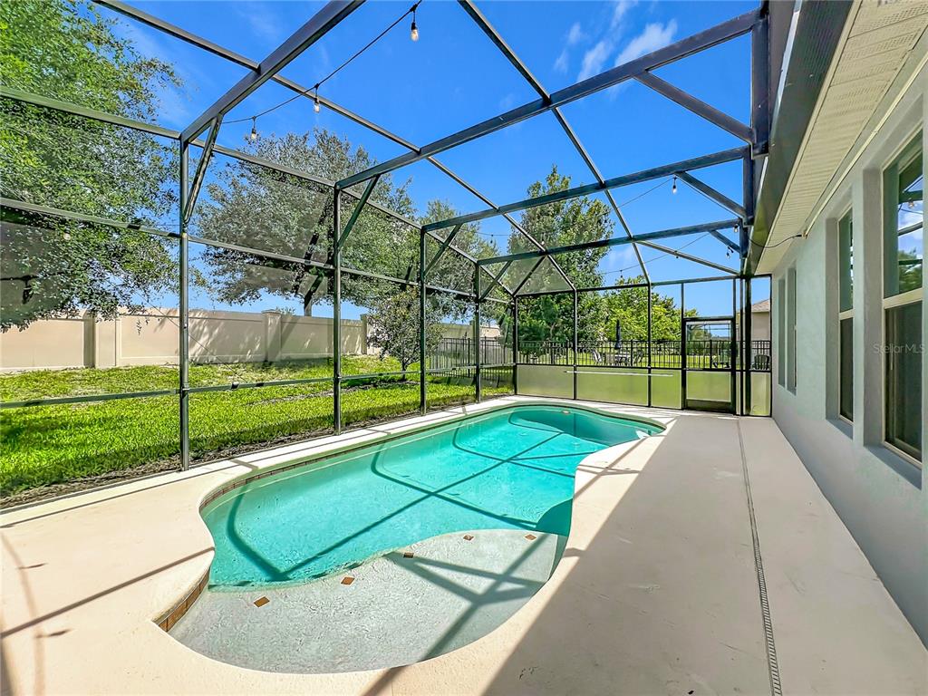 A screened-in patio features a swimming pool with a sun shelf and a concrete deck — 16131 HAMPTON CROSSING DRIVE, WINTER GARDEN, FL