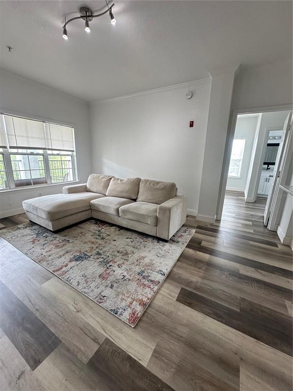 A living room features a sectional sofa, a patterned area rug, and wood-look flooring — 3713 CONROY ROAD UNIT 1932, ORLANDO, FL