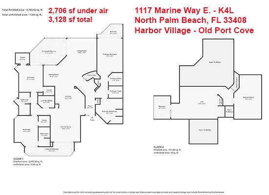 This image shows a two-level floor plan for a residential property — 1117 Marine Way E, North Palm Beach FL 33408, NORTH PALM BEACH, FL