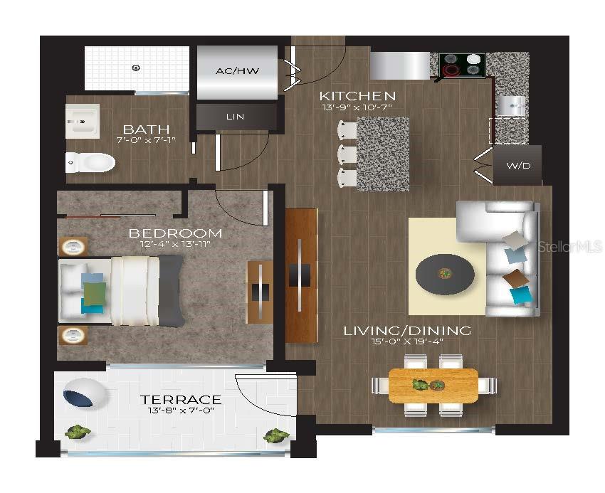 This is a floor plan for a one-bedroom apartment with a terrace and open-concept living area — 536 BAHIA BEACH BOULEVARD UNIT 236C, RUSKIN, FL