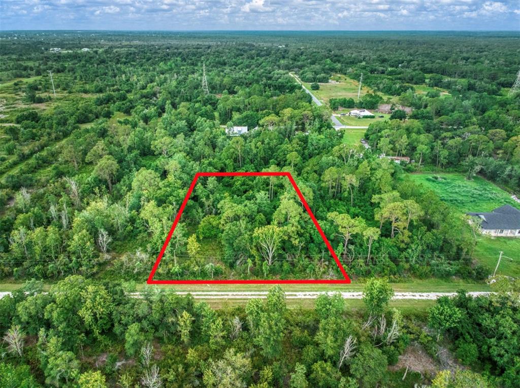 An aerial view shows a rectangular plot of land outlined in red amidst dense forest — 2811 W STARR ROAD, AVON PARK, FL