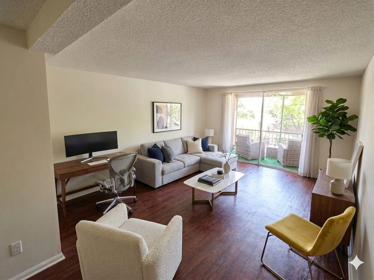 A living room with a sectional sofa, desk, coffee table, and sliding glass balcony doors — 3670 Inverrary Drive # 3y, Lauderhill FL 33319, LAUDERHILL, FL