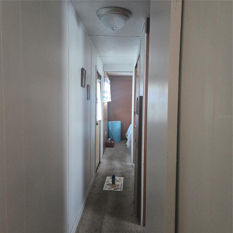 A narrow carpeted hallway with white walls leads toward a bedroom doorway — 27466 US HIGHWAY 19 N UNIT 24, CLEARWATER, FL