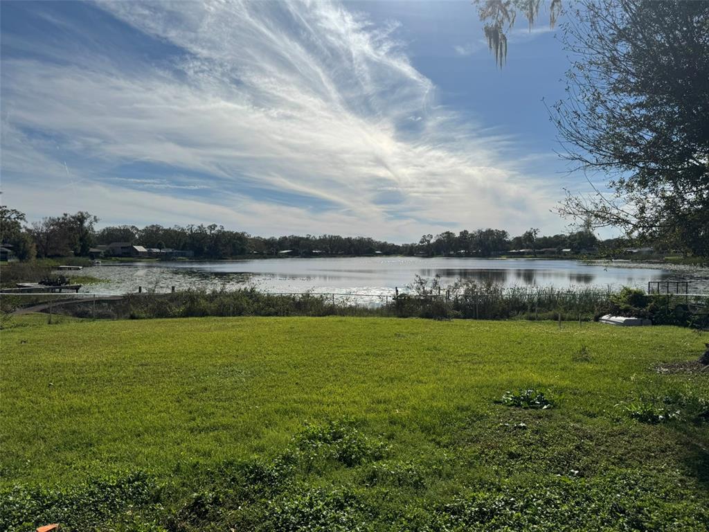 A grassy backyard overlooks a calm lake under a blue sky with wispy clouds — 3922 LAKE JOYCE DRIVE, LAND O LAKES, FL