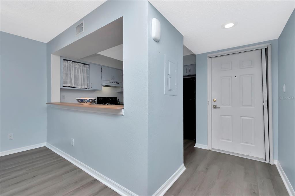 A view of an entryway with light blue walls, gray wood-look flooring, and a kitchen pass-through — 6817 STONES THROW CIRCLE N UNIT 17203, ST PETERSBURG, FL