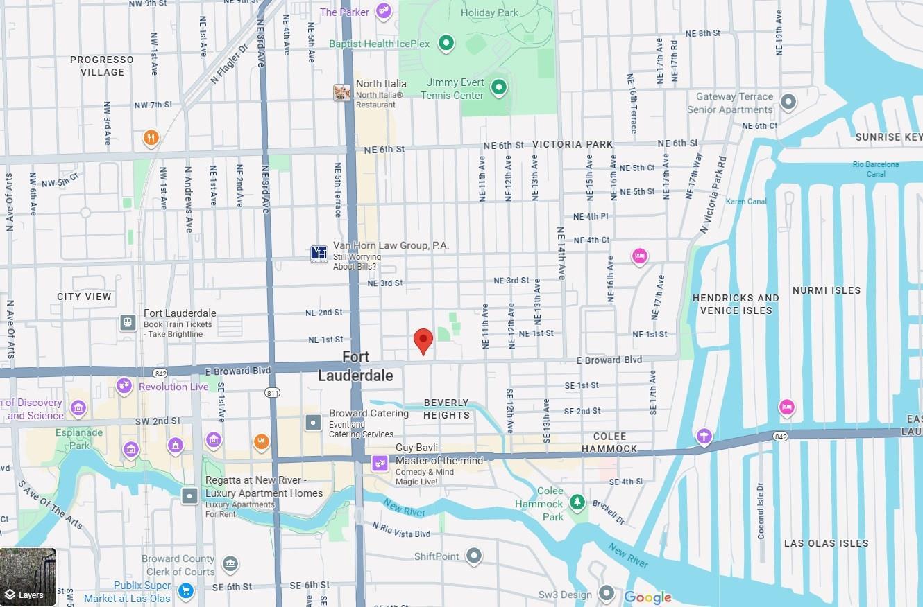 This is a map showing the streets and landmarks in the Fort Lauderdale area — 811 E Broward Boulevard, Fort Lauderdale FL 33301, FORT LAUDERDALE, FL