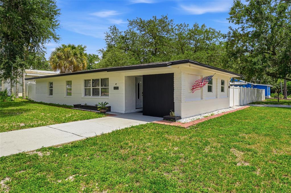 A white, single-story house with a black accent wall and an American flag on display — 4015 RIVER HILLS DRIVE, TAMPA, FL