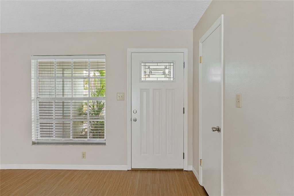 An interior view of an entryway with a white front door, window, and wood flooring — 125 N RHODES STREET, MOUNT DORA, FL