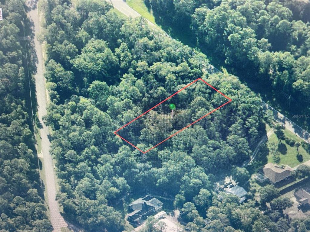 An aerial view shows a rectangular plot of land outlined in red amidst dense forest — 10047 W DUNNELLON ROAD, CRYSTAL RIVER, FL