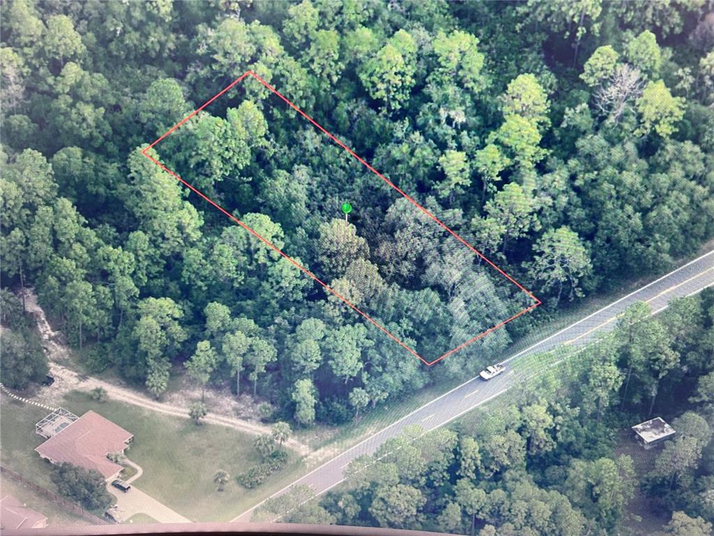 An aerial view shows a rectangular plot of land outlined in red beside a road — 10047 W DUNNELLON ROAD, CRYSTAL RIVER, FL