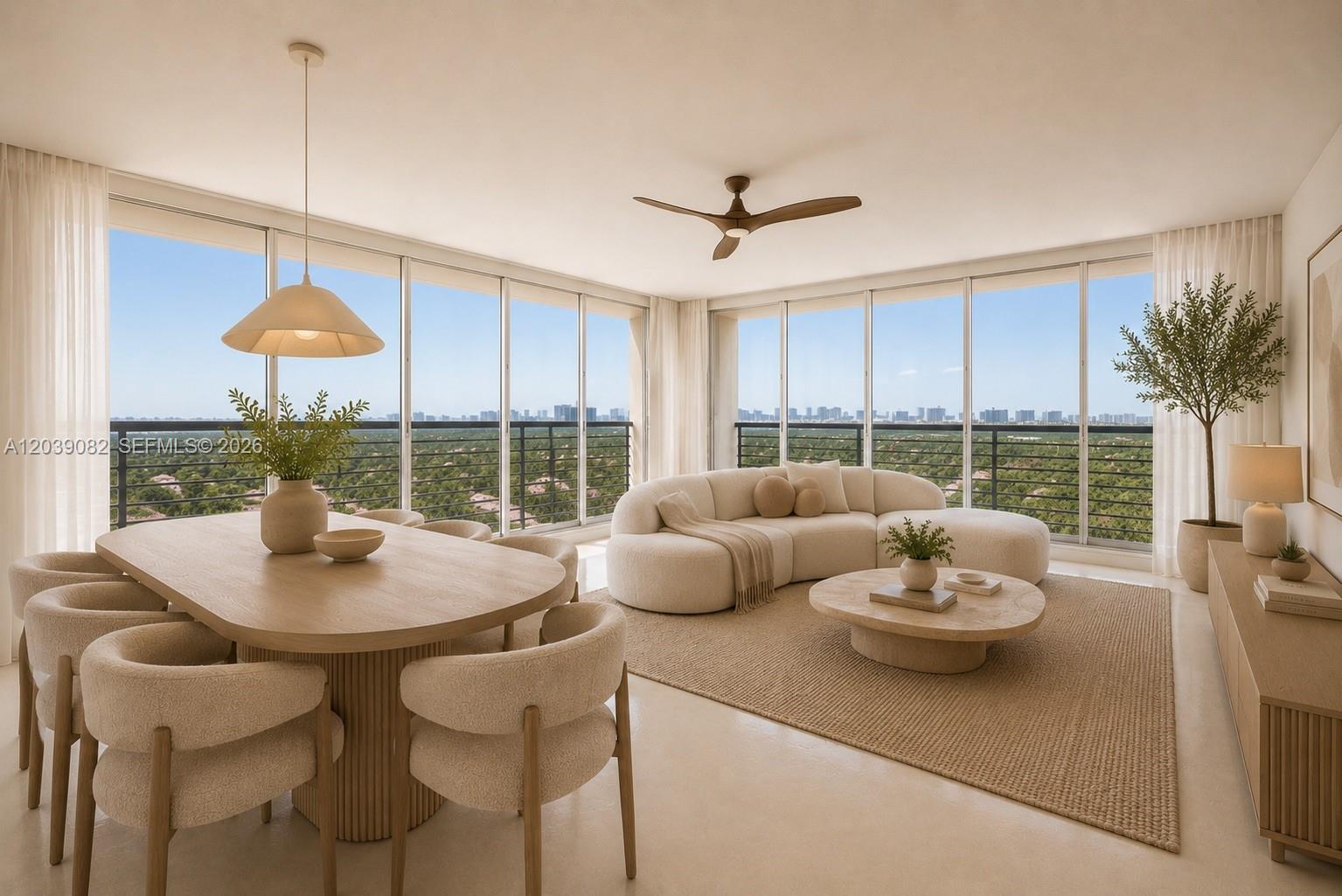 This rendering shows a modern open-concept living and dining area with floor-to-ceiling windows — 1720 Harrison St # 16A, Hollywood FL 33020, HOLLYWOOD, FL