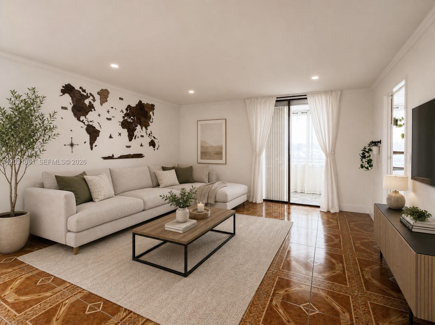 This is a rendering of a living room featuring a sectional sofa, world map wall art — 671 NE 195th St, Miami FL 33179, MIAMI, FL
