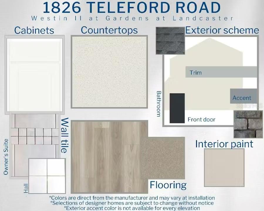 This design board displays material and color samples for a home's interior and exterior finishes — 1826 TELEFORD ROAD, ST CLOUD, FL