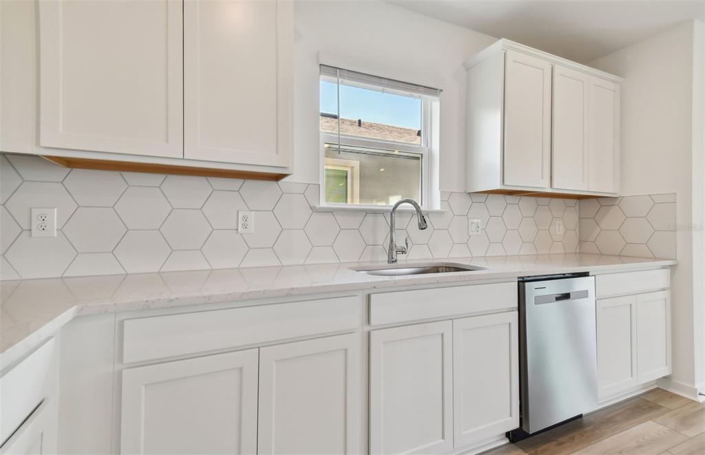 A kitchen features white cabinets, a hexagonal tile backsplash, a stainless steel dishwasher, and countertops — 33239 BINDING TIES LANE, WESLEY CHAPEL, FL