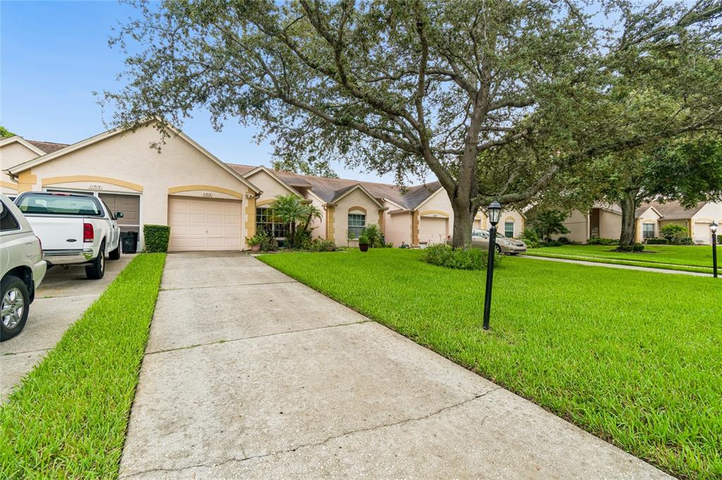A single-story house with a beige stucco exterior, a two-car garage, and a large tree — 11512 VERSAILLES LANE UNIT 11512, PORT RICHEY, FL