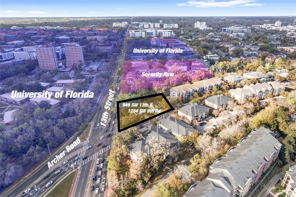 An aerial view shows a highlighted property lot located near a major intersection and university campus — 949 SW 13TH STREET, GAINESVILLE, FL