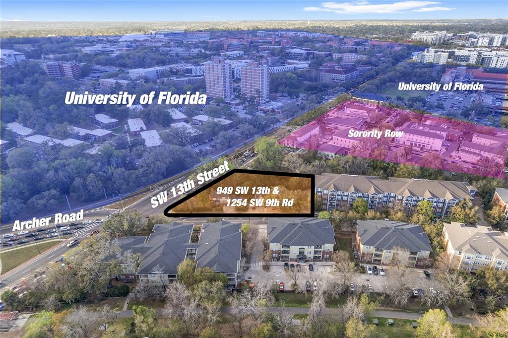 An aerial view shows a multi-family residential complex near a university campus and major roads — 949 SW 13TH STREET, GAINESVILLE, FL
