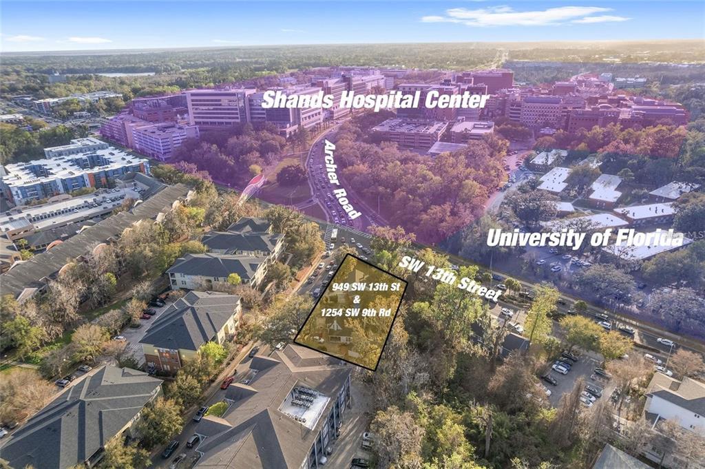 This aerial map shows a highlighted property lot near the University of Florida and Shands Hospital — 949 SW 13TH STREET, GAINESVILLE, FL