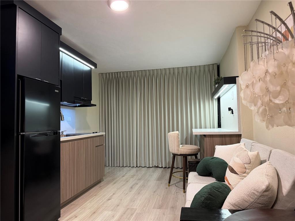 A studio apartment featuring a kitchenette with black cabinets, light wood flooring, and a sofa — 84 ST.  Num 98-1 URB BRISAS DE SIERRA BAYAMON APT. #4, BAYAMON, PR