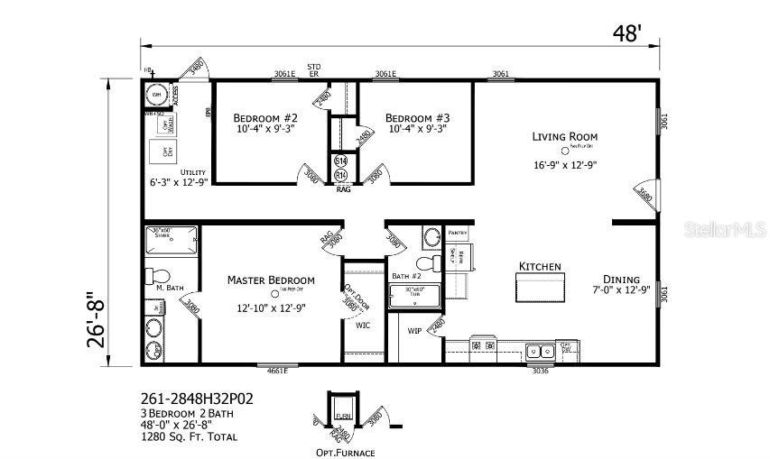 This floor plan shows a three-bedroom, two-bathroom home layout measuring 48 feet by 26 feet — 21351 CANAL DRIVE, BROOKSVILLE, FL