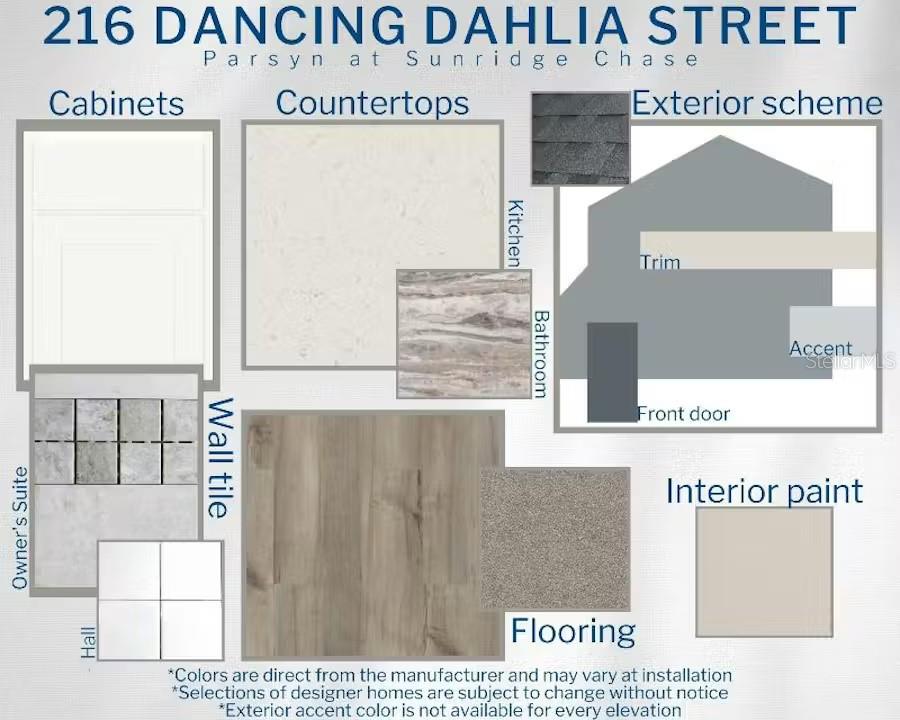 This design board displays material and color selections for a home's interior and exterior finishes — 216 DANCING DAHLIA STREET, RUSKIN, FL