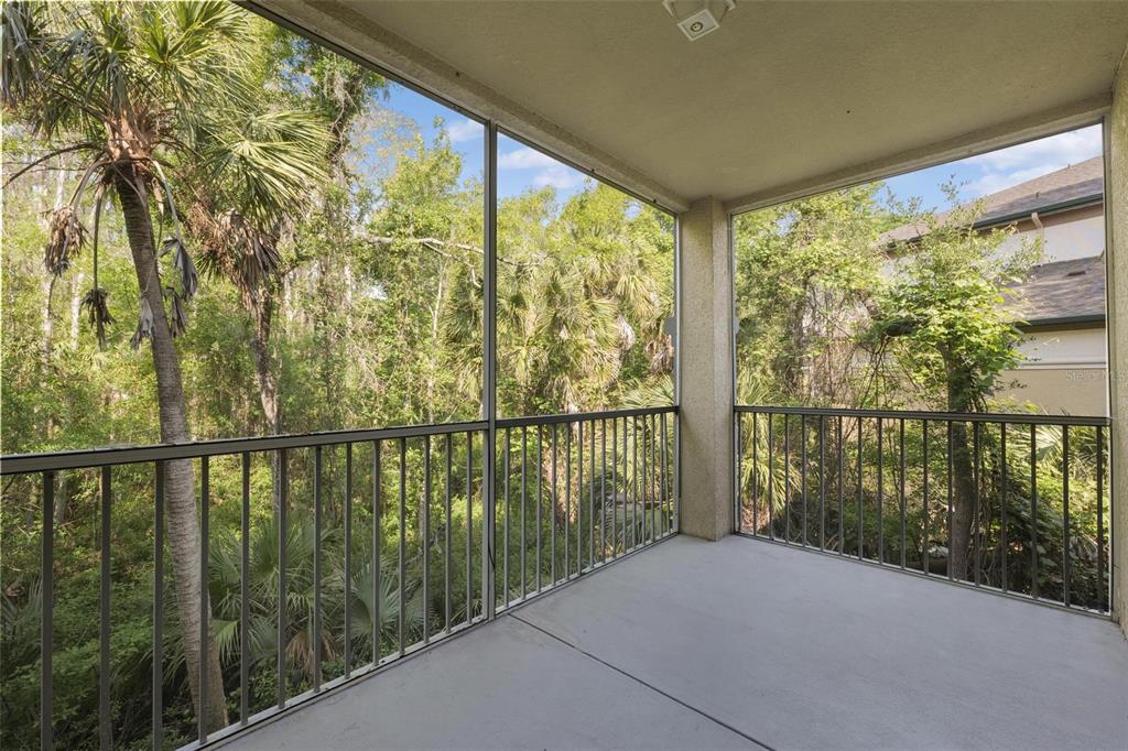 A screened-in balcony with a concrete floor and metal railings overlooks a wooded area — 17110 CARRINGTON PARK DRIVE UNIT 832, TAMPA, FL