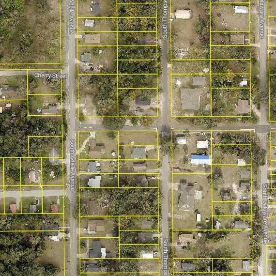This is an aerial map showing residential lots and streets in a neighborhood — S THOMPSON STREET, DELAND, FL