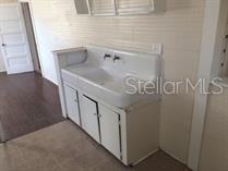 A white utility sink with a cabinet base is situated against a tiled wall — 114 N CHESTER STREET, LEESBURG, FL