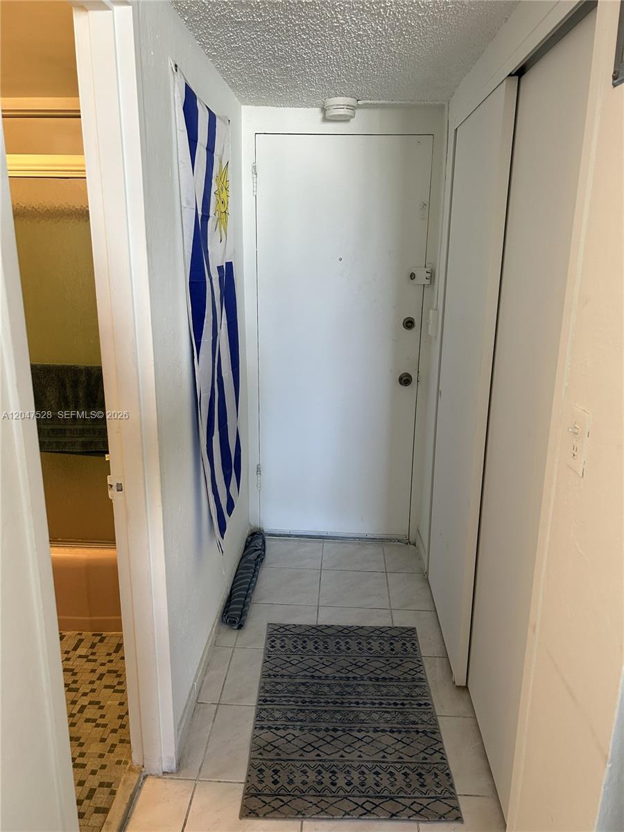 A tiled entryway features a white door, a hanging Uruguayan flag, and a patterned rug — 6484 Indian Creek Dr # 303, Miami Beach FL 33141, MIAMI BEACH, FL