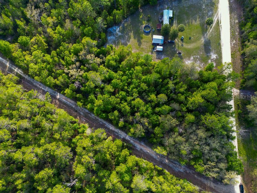 An aerial view shows a wooded lot with a small residential property and dirt roads — LAKE MAREGARET BOULEVARD, POMONA PARK, FL