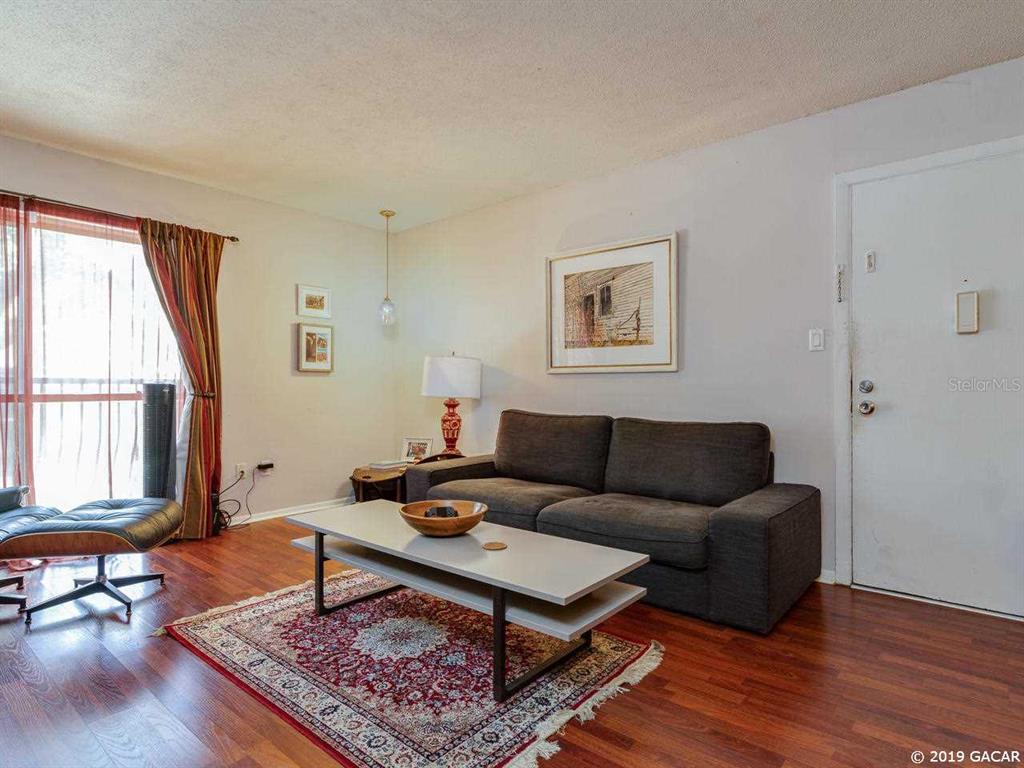 A living room features a dark sofa, a coffee table, and a patterned area rug — 1700 SW 16TH COURT UNIT D-27, GAINESVILLE, FL