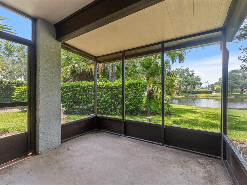 A screened-in concrete patio overlooks a grassy yard, palm trees, and a small pond — 3350 DUNEMOOR CT, PALM HARBOR, FL