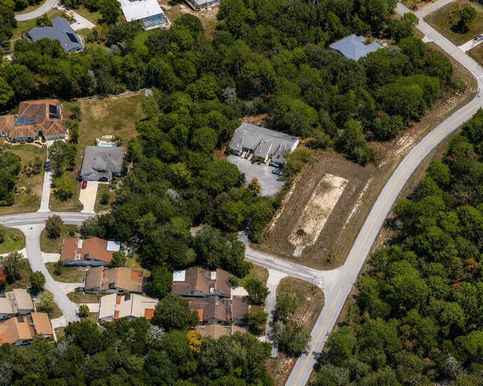 An aerial view shows a residential neighborhood with houses, wooded areas, and a vacant lot — SEAGRAPE STREET, HOMOSASSA, FL