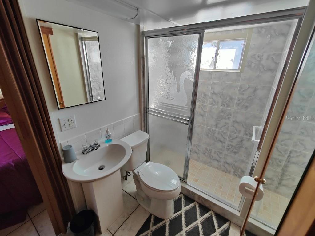 A bathroom featuring a pedestal sink, a toilet, and a shower with a swan-etched door — 5649 OAK RIDGE AVENUE, NEW PORT RICHEY, FL