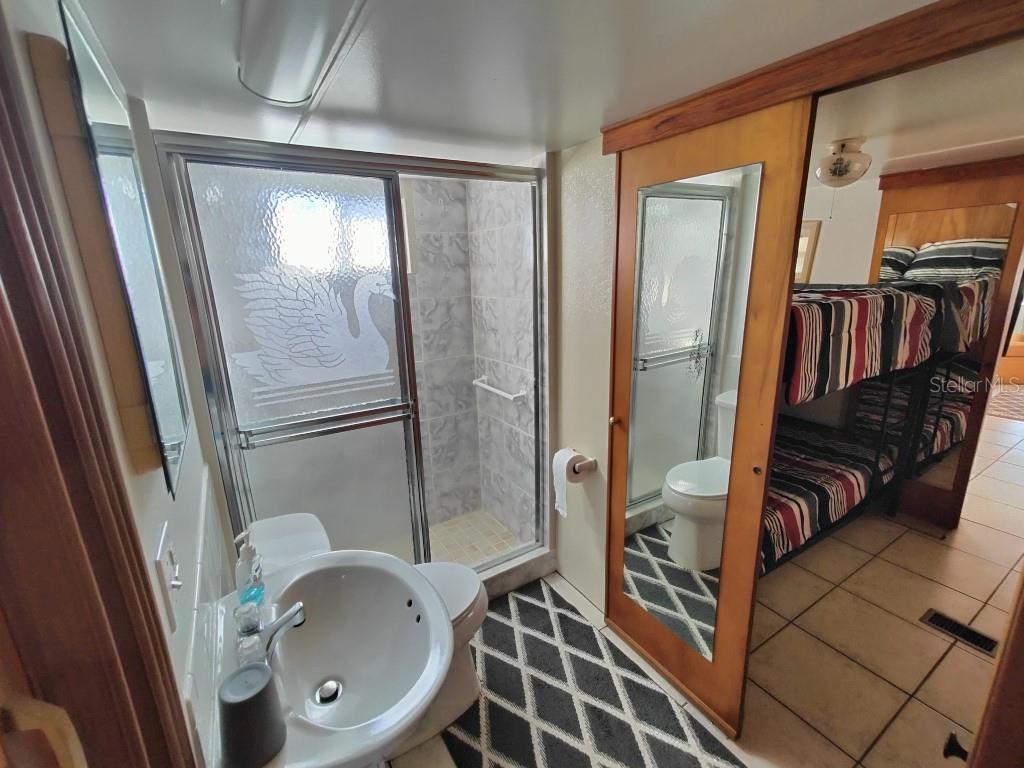 A bathroom with a swan-etched glass shower door, a pedestal sink, and a mirrored closet door — 5649 OAK RIDGE AVENUE, NEW PORT RICHEY, FL