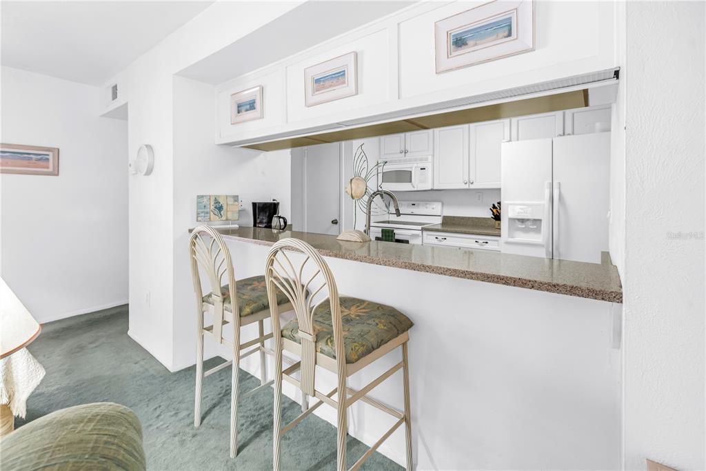A kitchen with white cabinets and a granite breakfast bar featuring two rattan stools — 3742 41ST WAY S UNIT F, ST PETERSBURG, FL